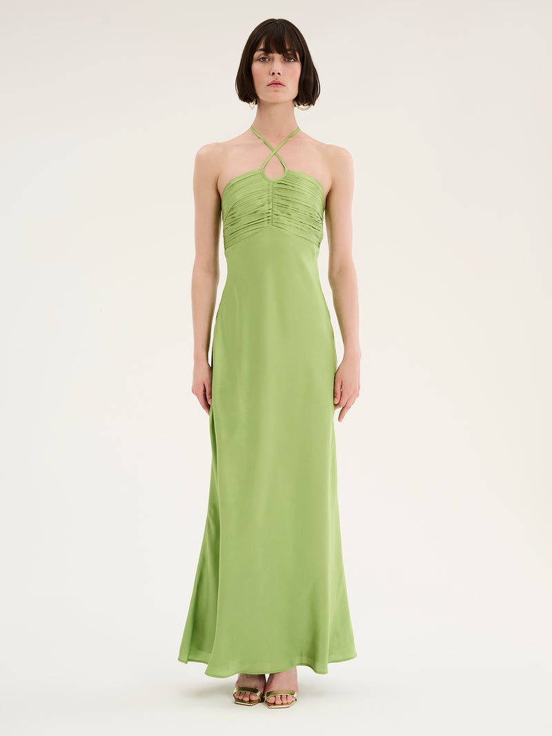 Sage green satin maxi dress with ruching and halterneck