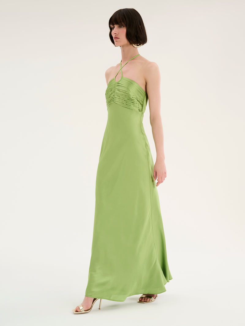 Sage green satin maxi dress with ruching and halterneck