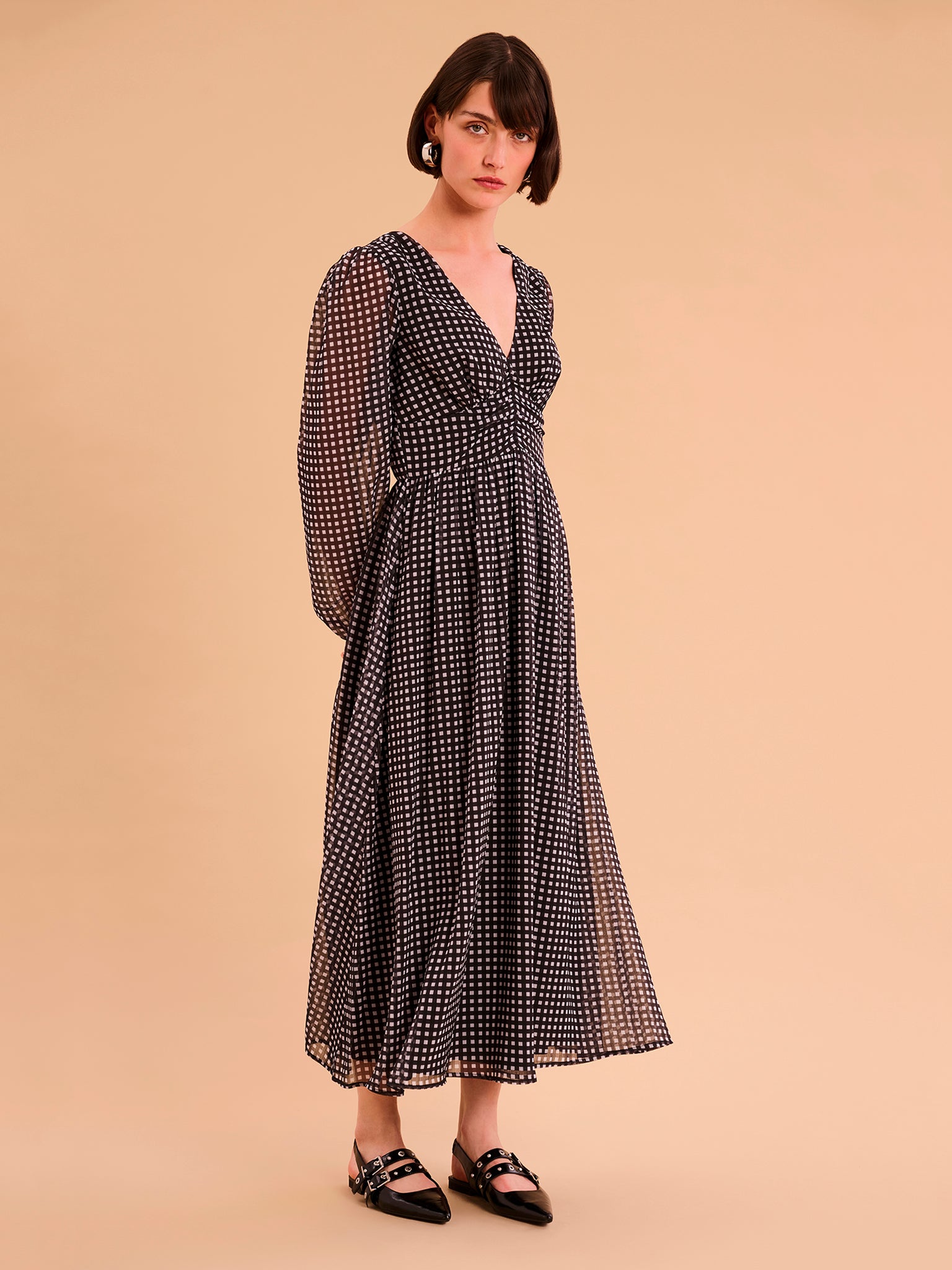 Gabriella Dress in Mono Gingham Print