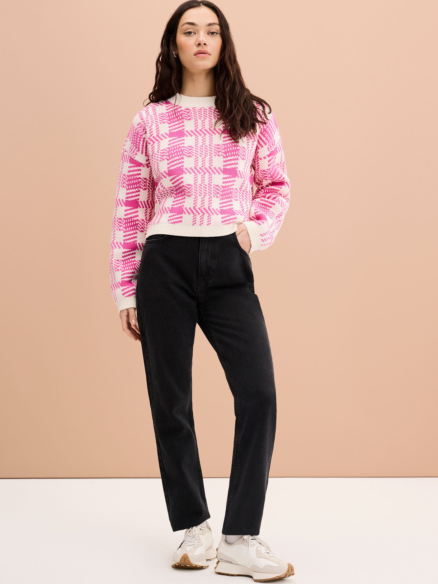 Beatrice Check Jumper in Pink OMNES Knitwear Sustainable