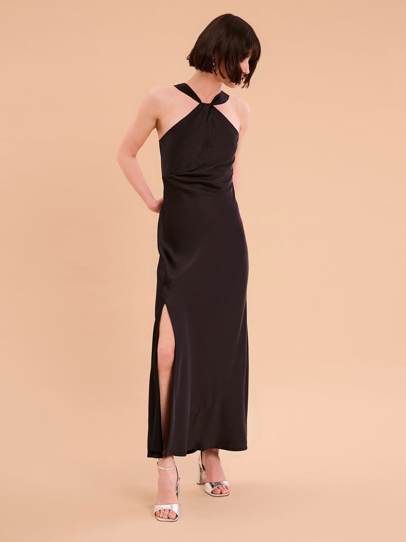 Black maxi dress with halterneck and slit in leg