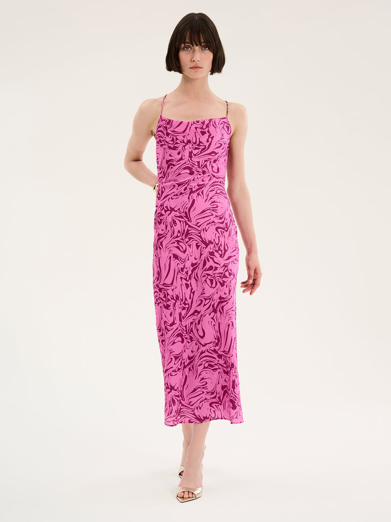 Riviera Cami Slip Midi Dress in Pink Marble Print