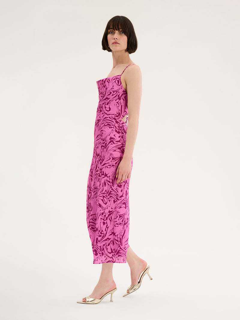 Riviera Cami Slip Midi Dress in Pink Marble Print