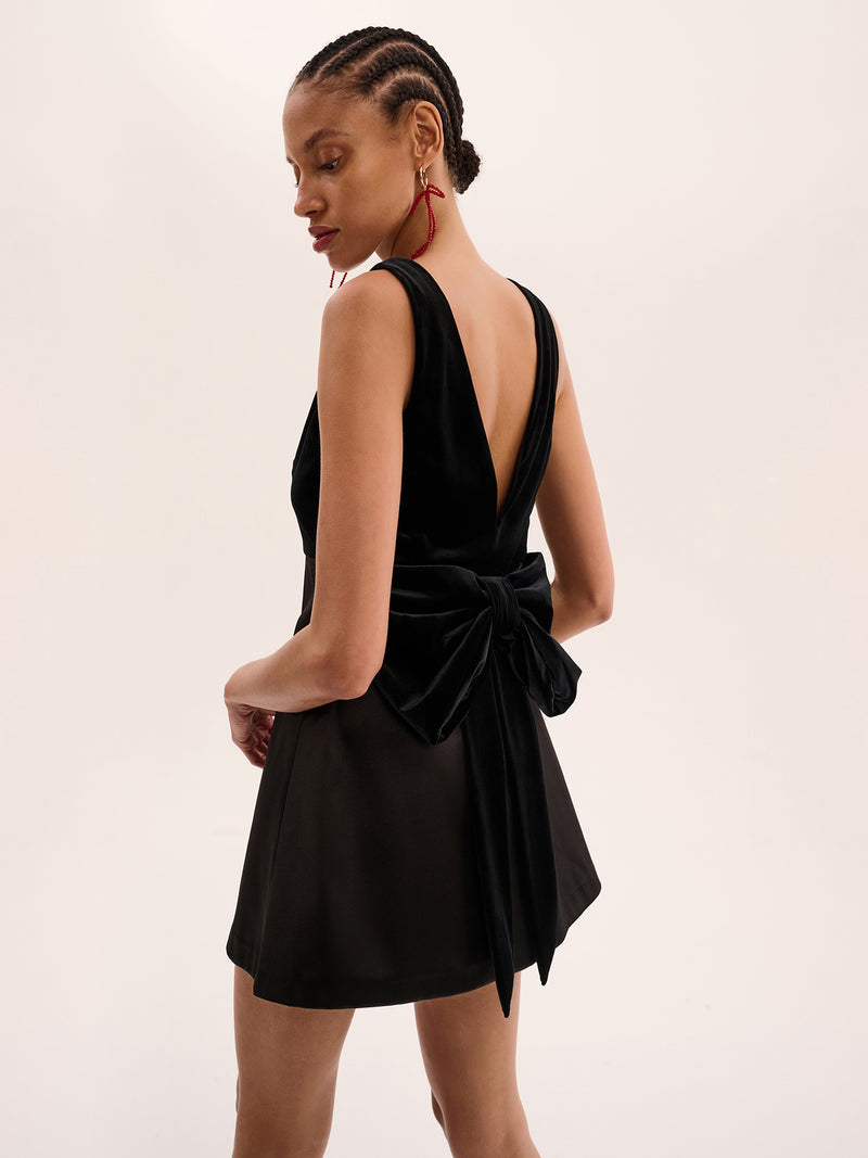 Bowlyn Velvet Bow Dress in Black