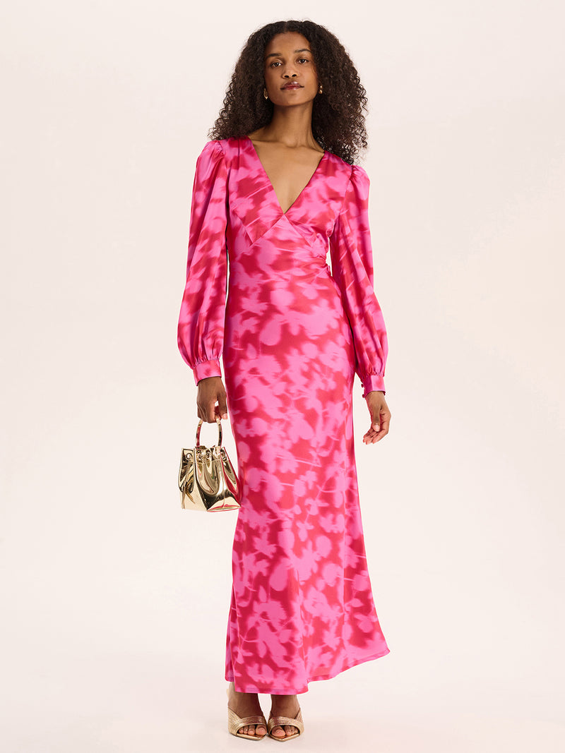 Pink floral print long sleeve maxi dress with v neck