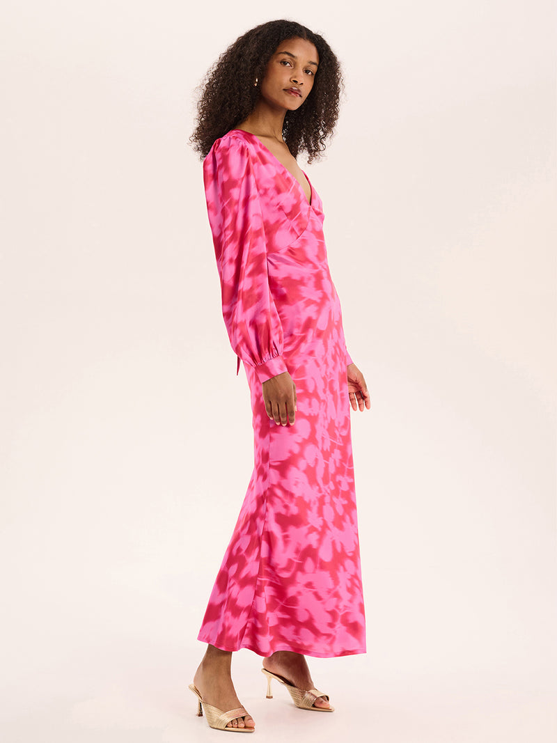 Pink floral print long sleeved maxi dress with v neck