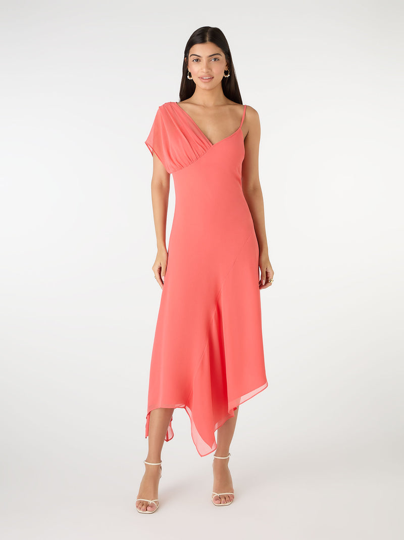 Laurel Asymmetric Dress in Coral