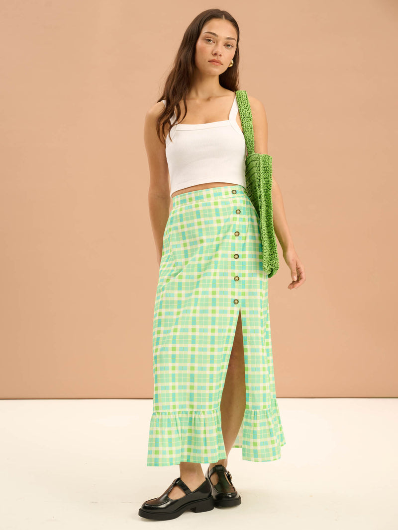 Adria Check Print Side Button Frill Hem Skirt in Green