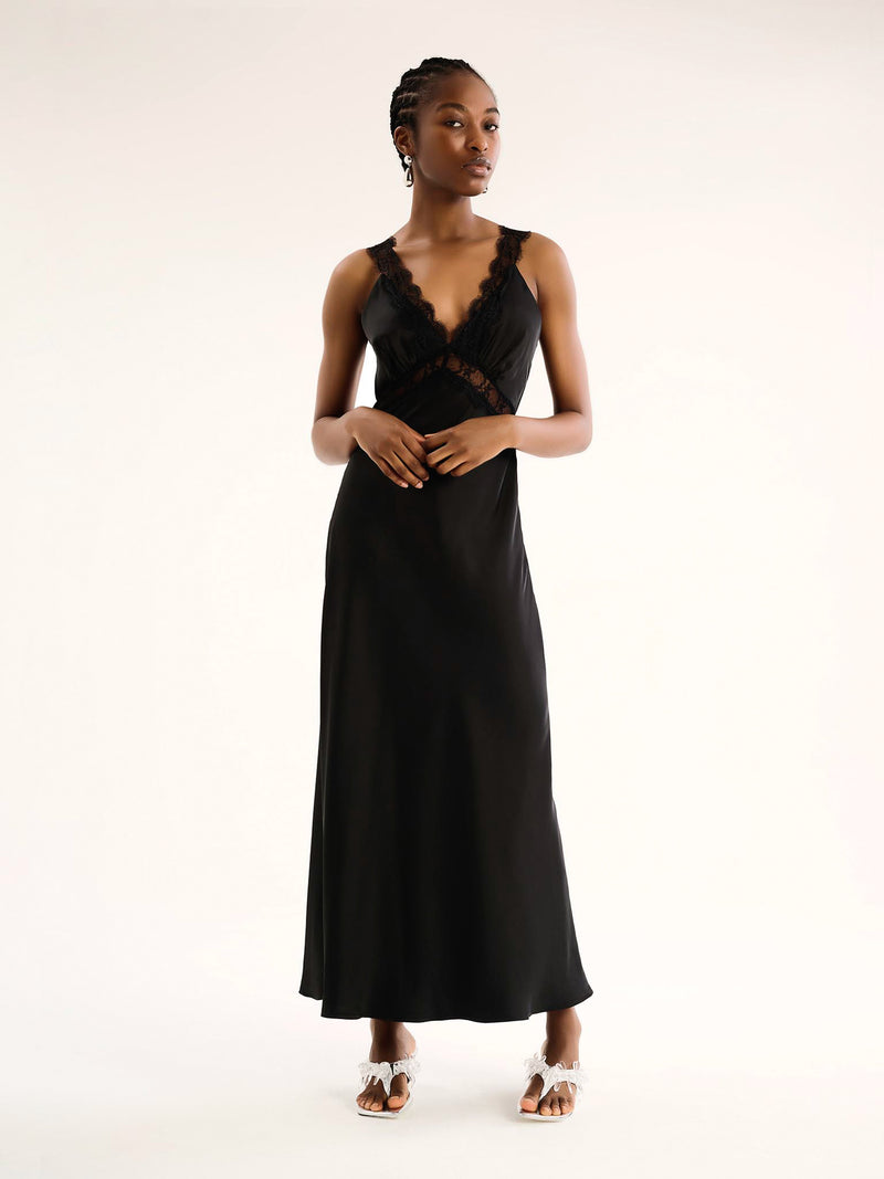 v neck black satin maxi dress with lace detailing