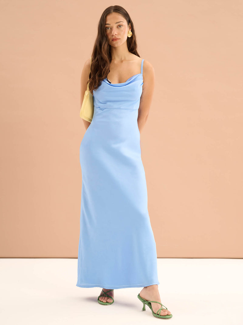 Belle Cowl Neck Strappy Back Midi Dress in Light Blue