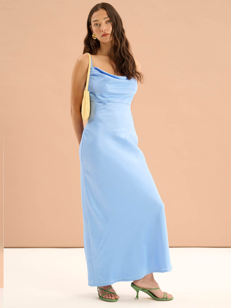 Belle Cowl Neck Strappy Back Midi Dress in Light Blue