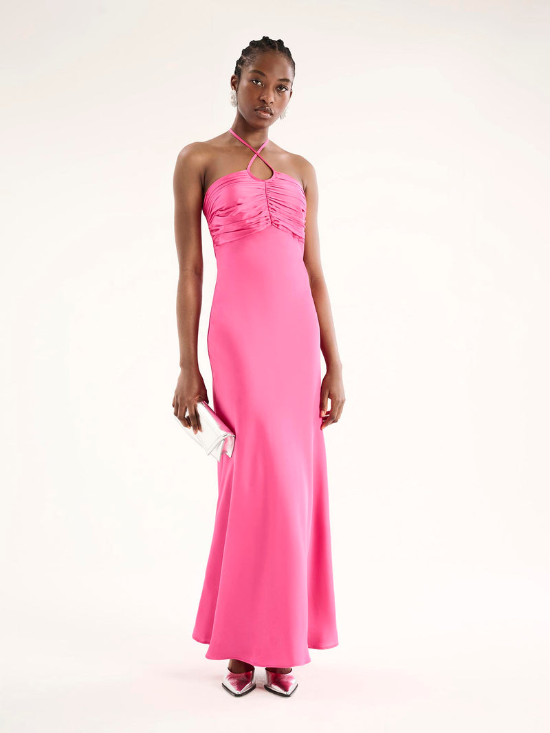 Pink satin maxi dress with ruching and halterneck