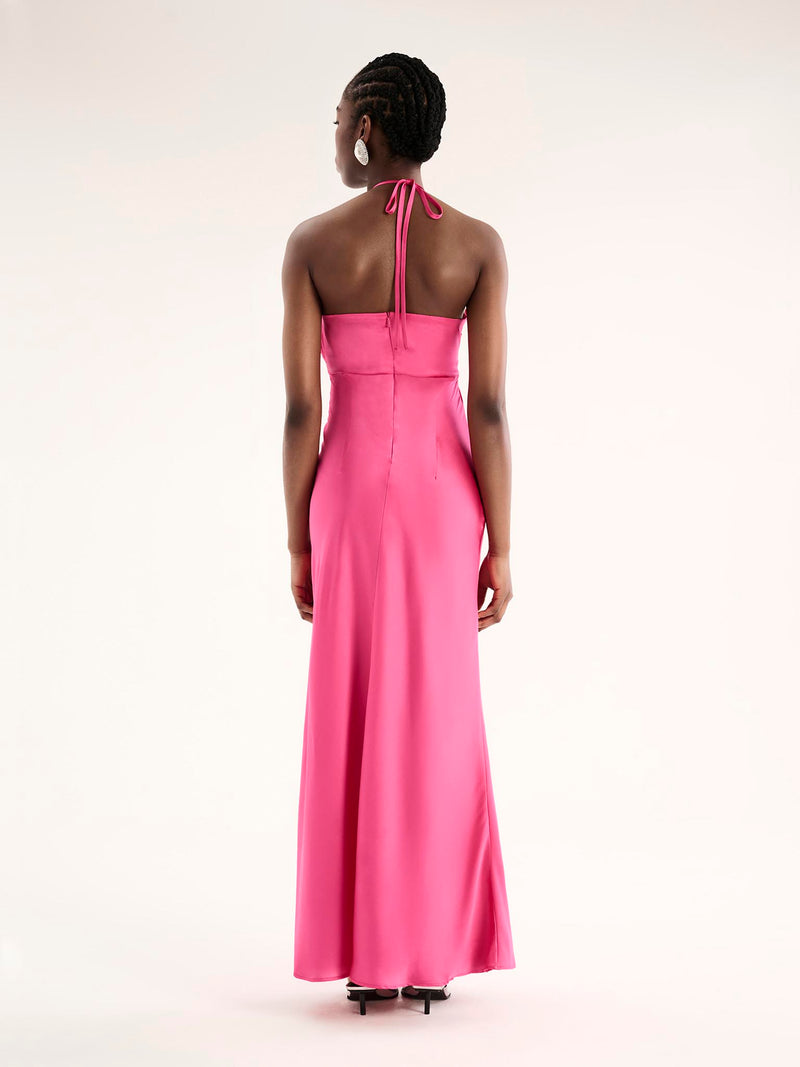 Pink satin maxi dress with ruching and halterneck