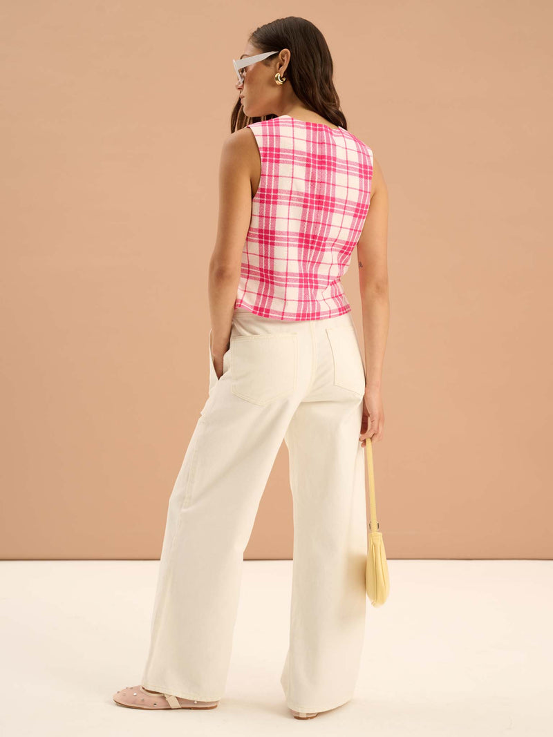 Cindy V Neck Check Print Waistcoat in Pink