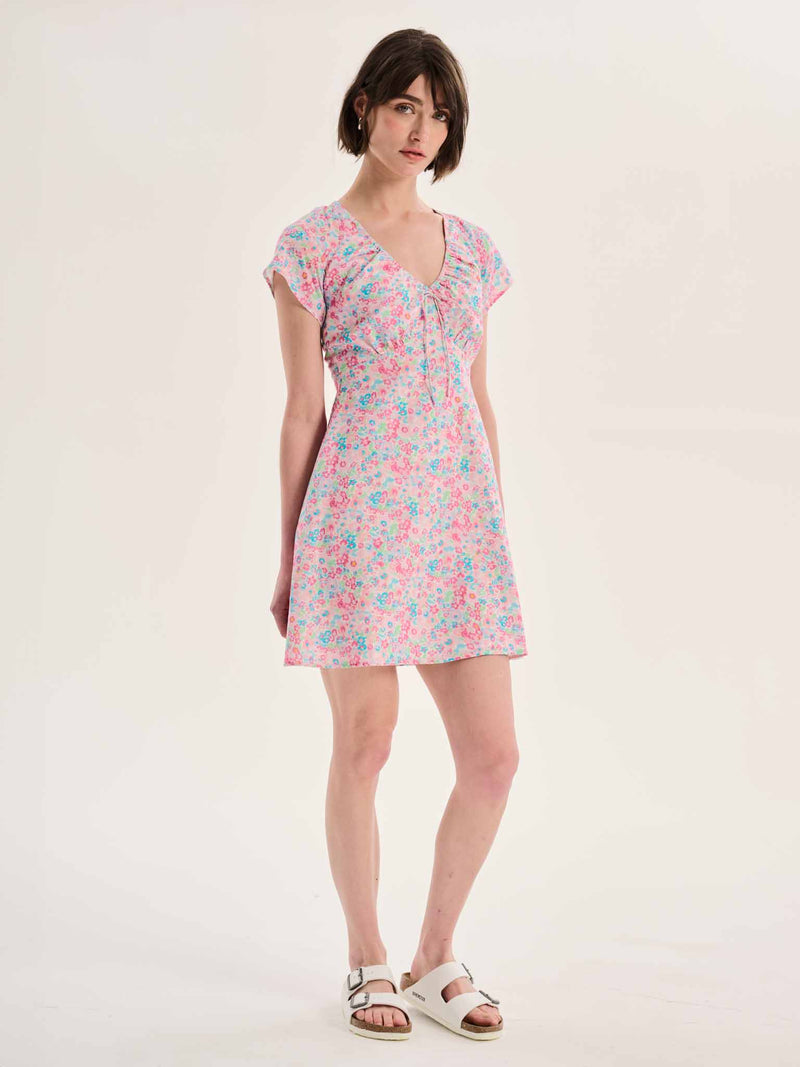 Dotty V Neck Ruched Mini Dress in Floral Print