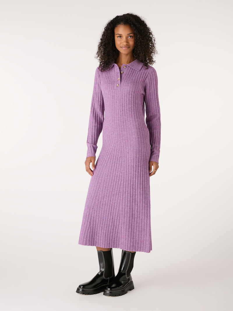 Henley Ribbed Placket Dress in Purple