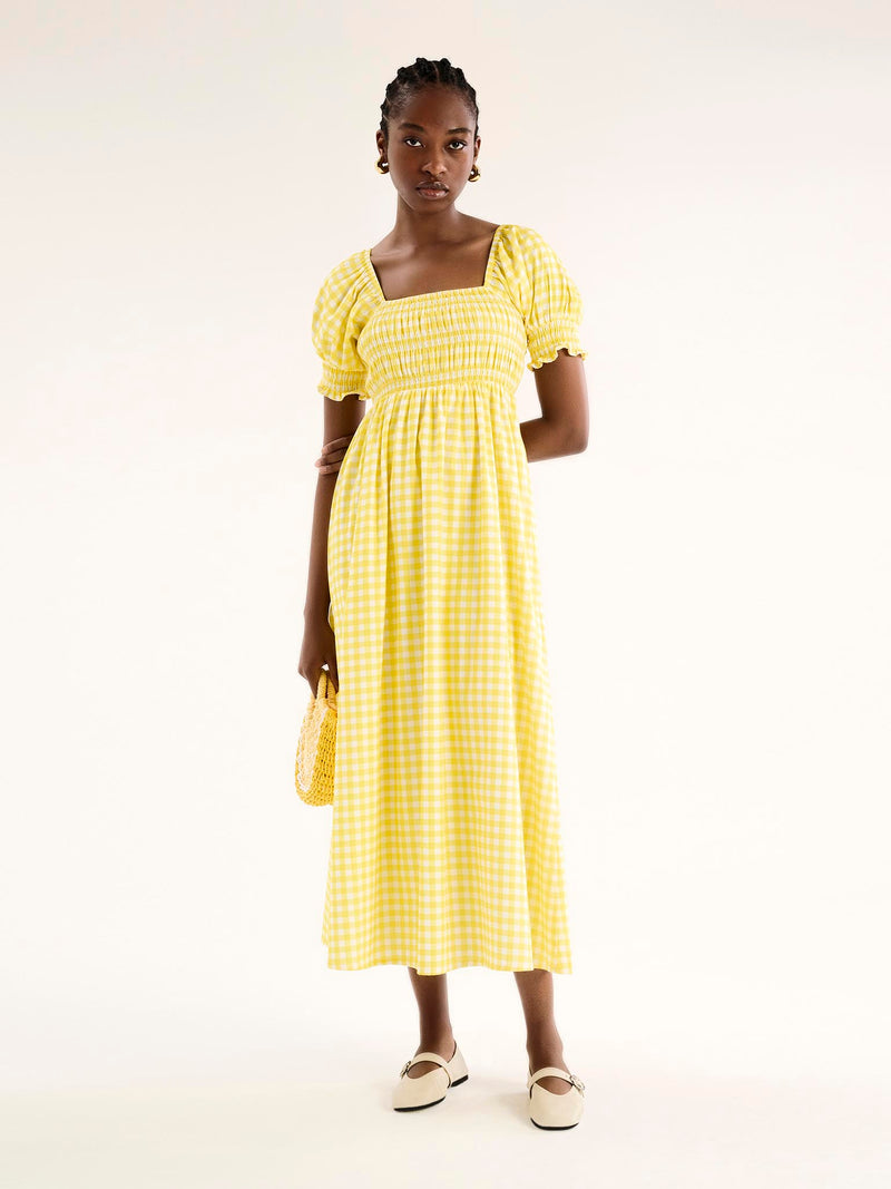 Megan Gingham Print Shirred Midi Dress in Yellow