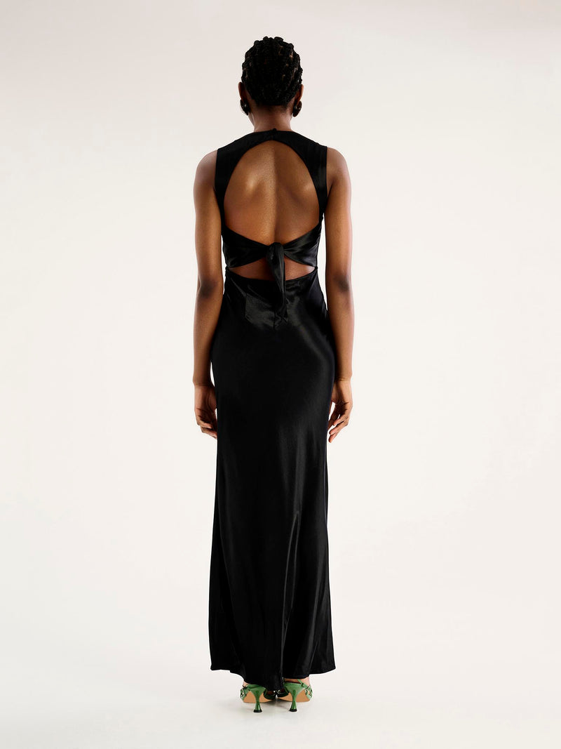 black v neck maxi dress with tie back detail