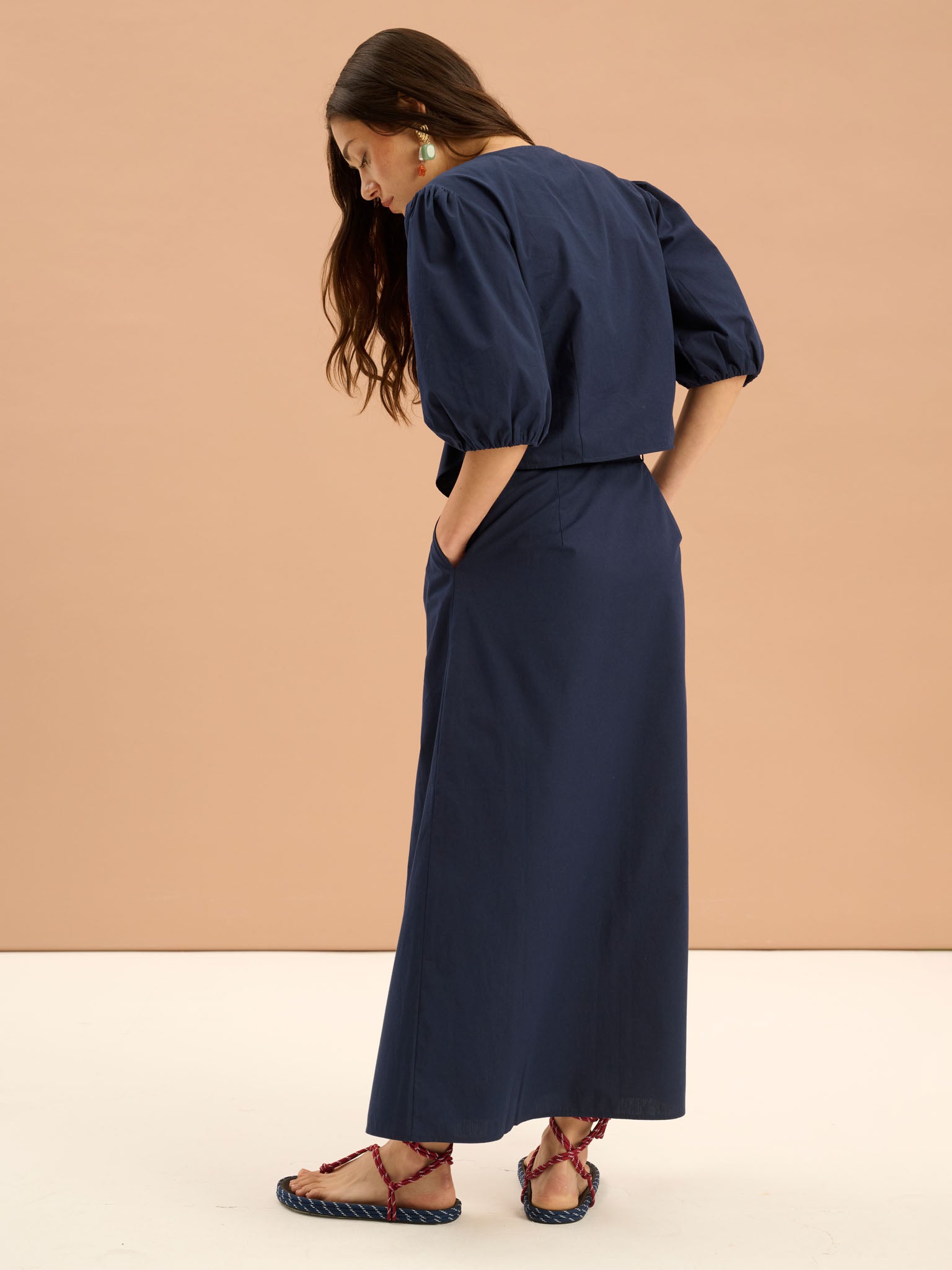 Olive A Line Midi Skirt in Navy OMNES