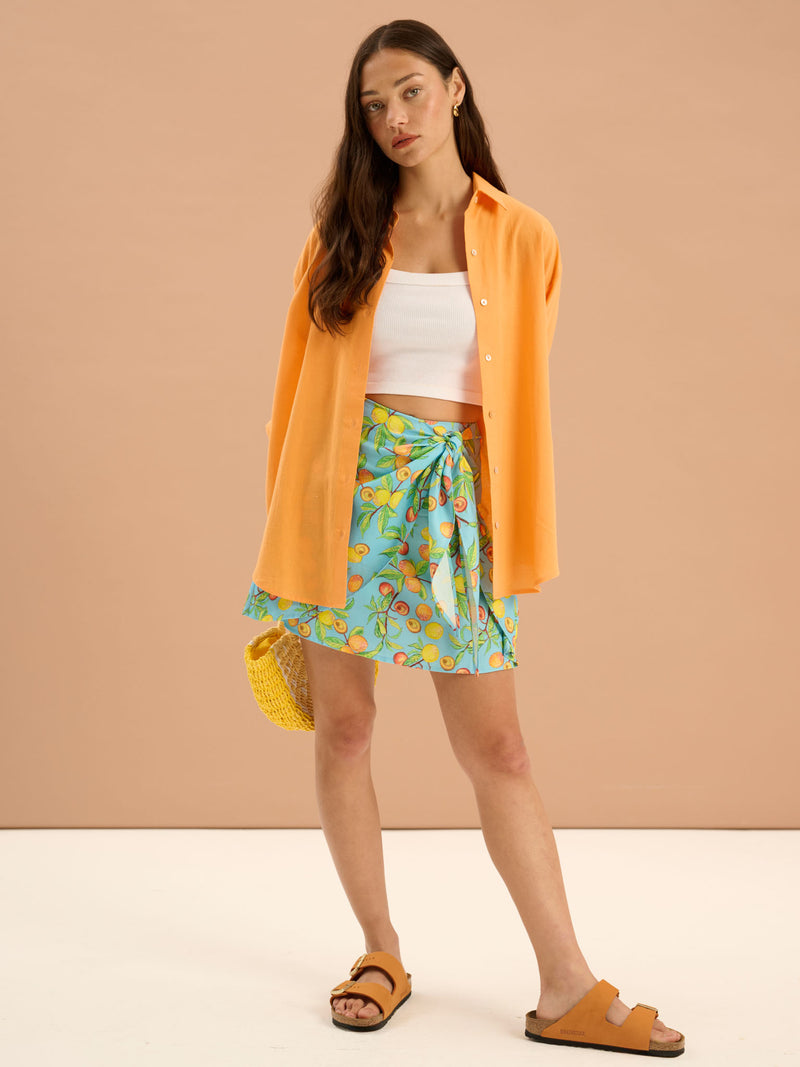 Percy Twill Frill Fruit Print Wrap Front Skirt