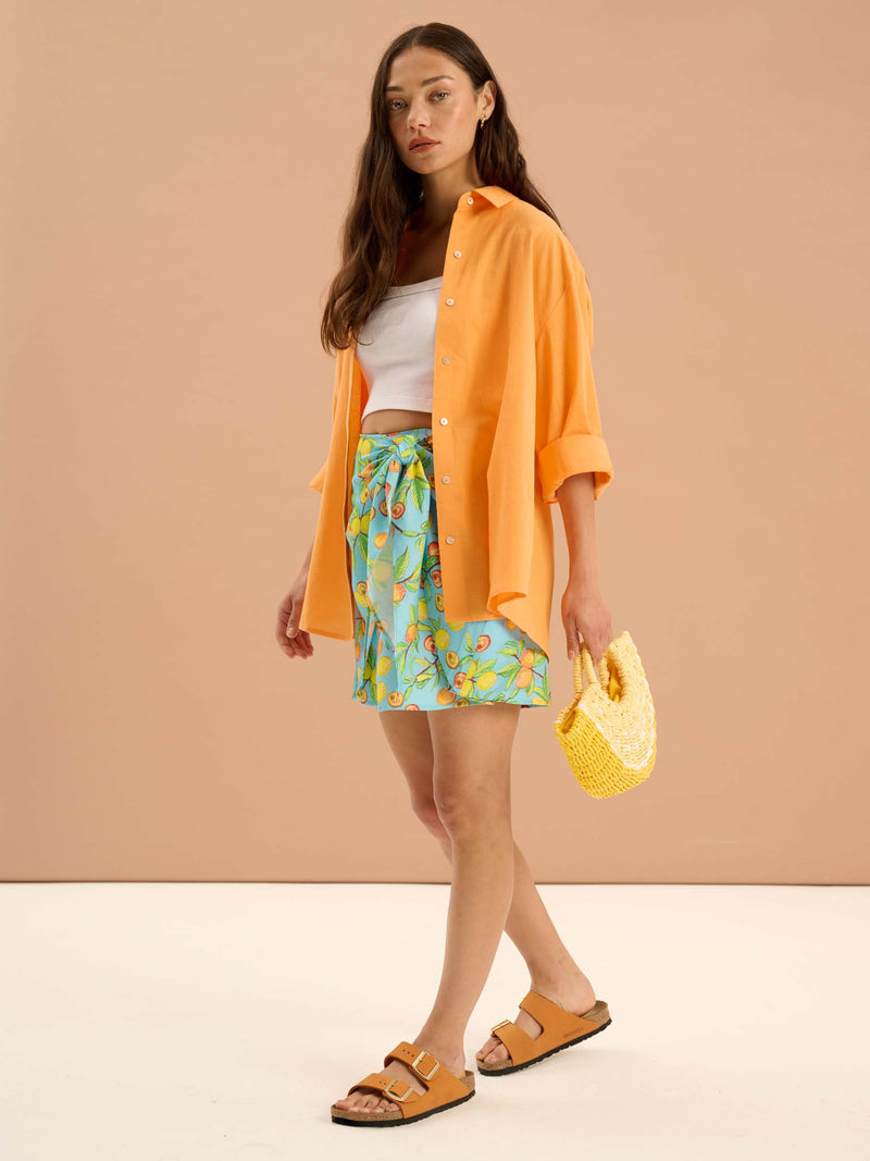 Percy Twill Frill Fruit Print Wrap Front Skirt