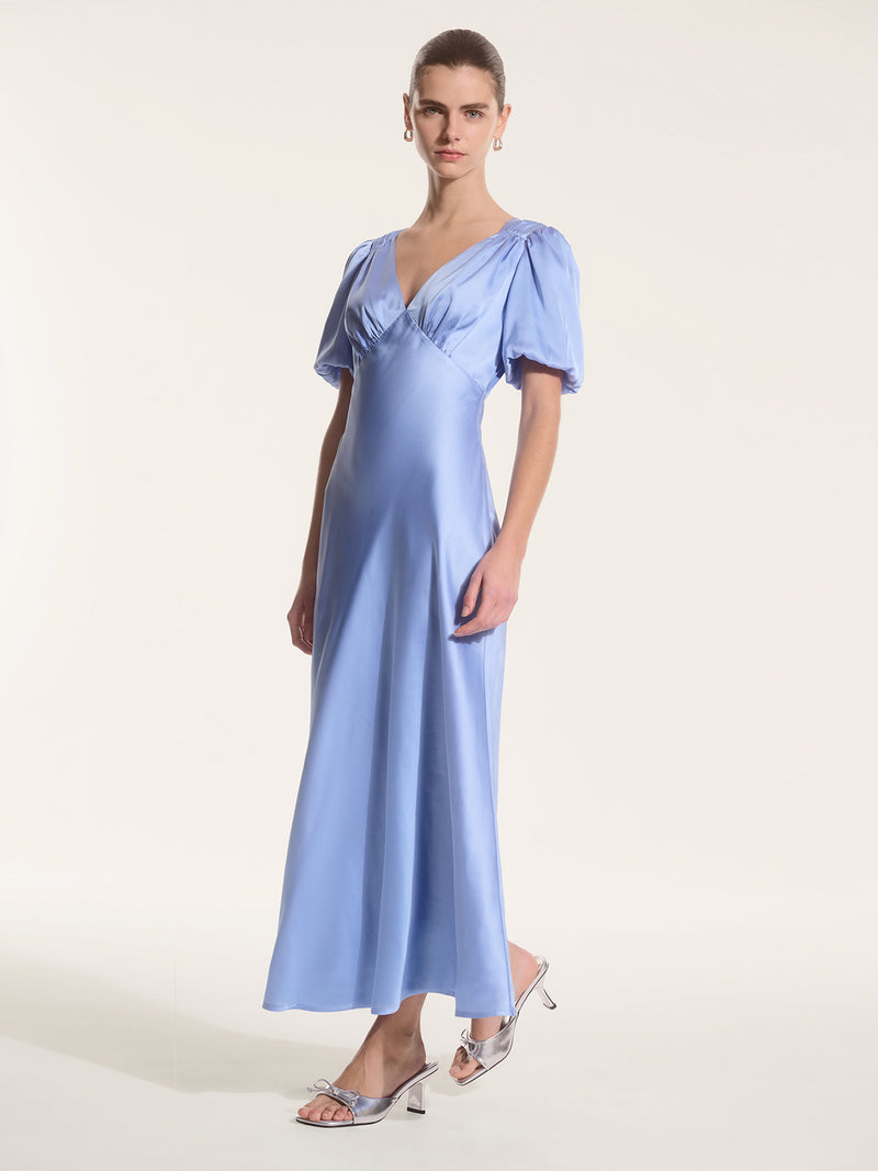 Rosie Ruched Puff Sleeve Dress in Light Blue