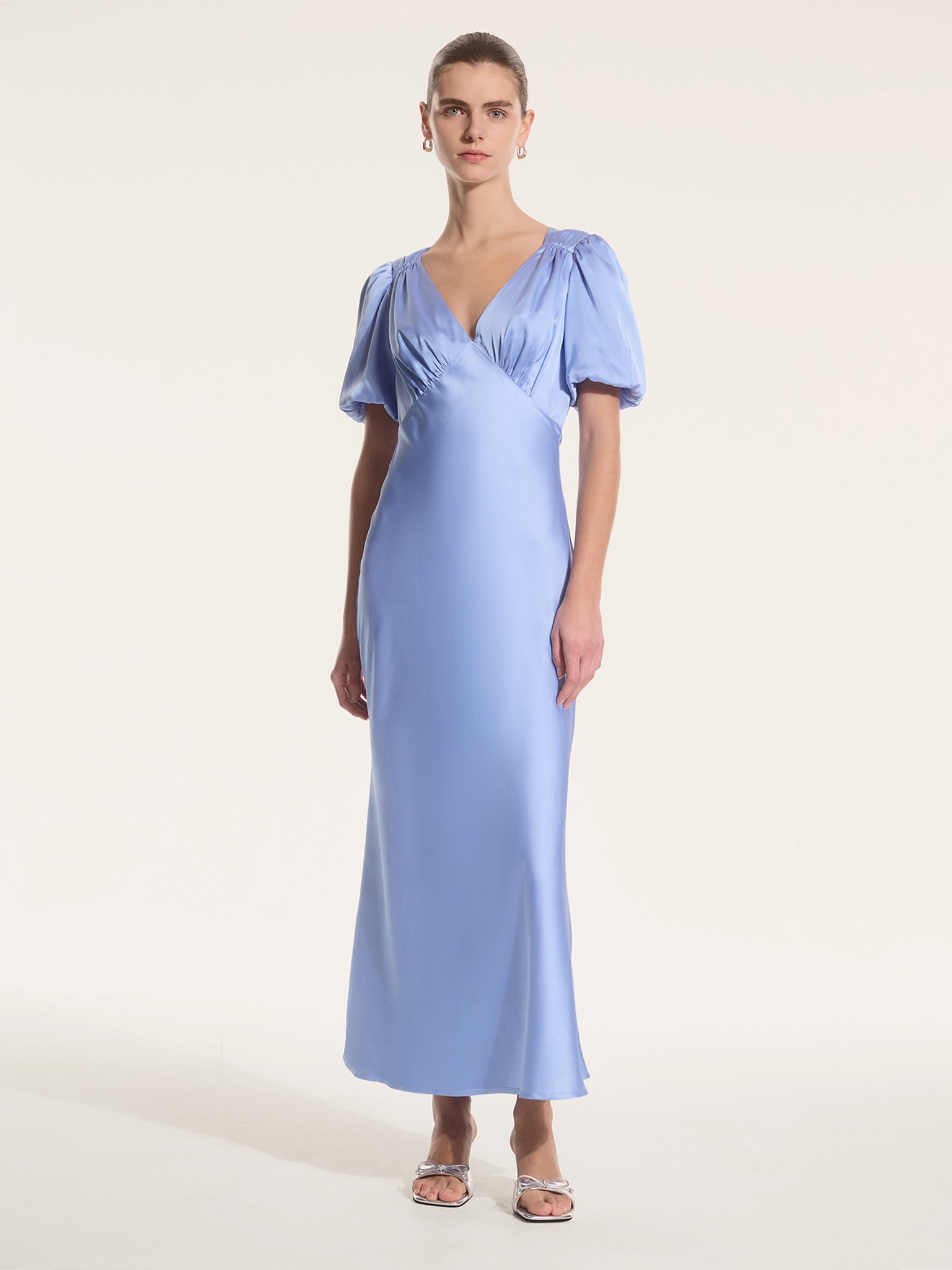 Rosie Ruched Puff Sleeve Dress in Light Blue