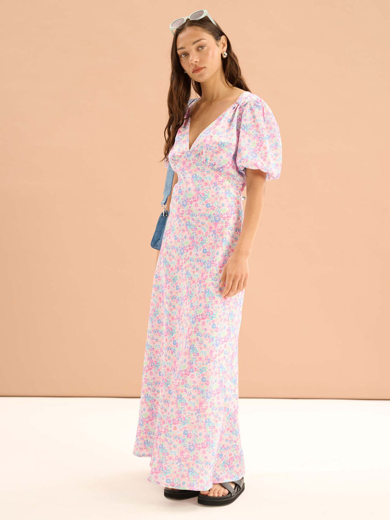 Rosie Ruched Puff Sleeve Dress in Sketched Floral Print