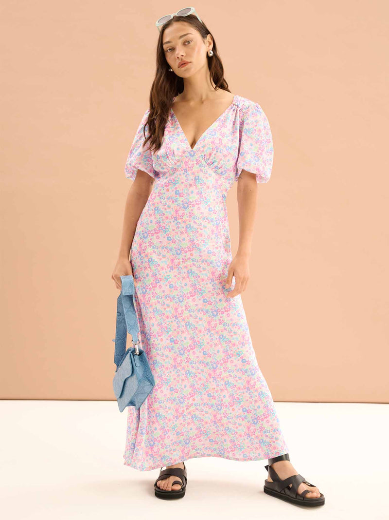 Rosie Ruched Puff Sleeve Dress in Sketched Floral Print