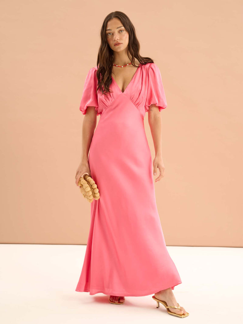 Rosie Ruched Puff Sleeve Dress in Hot Pink