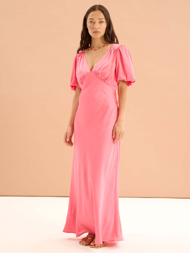 Rosie Ruched Puff Sleeve Dress in Hot Pink