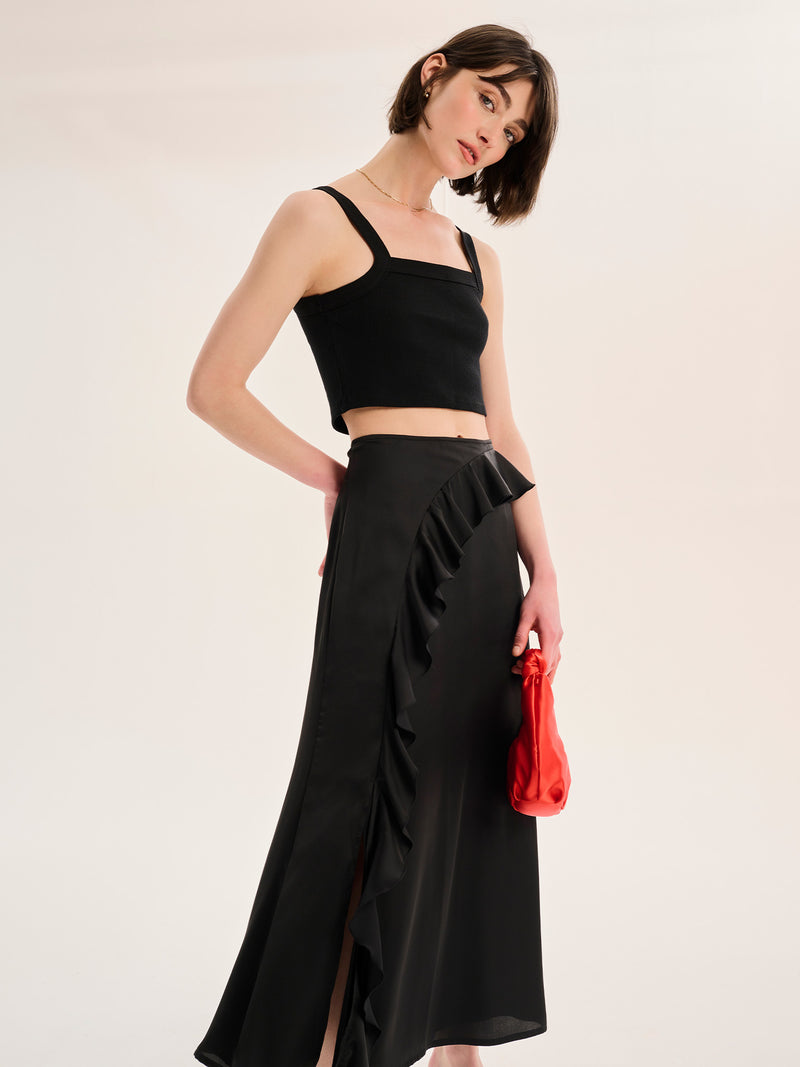 Udita Ruffle Detail Midi Satin Skirt in Black